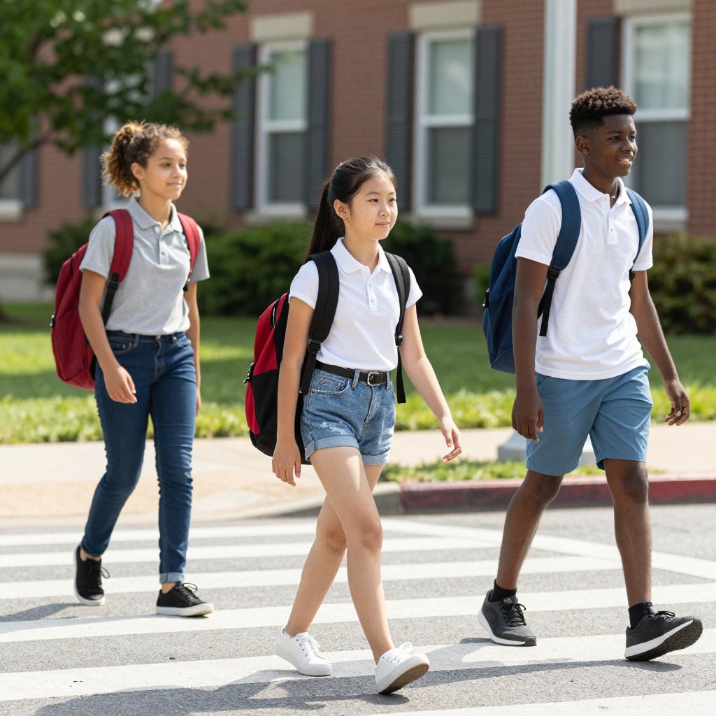 Students crossing the street on the way to school